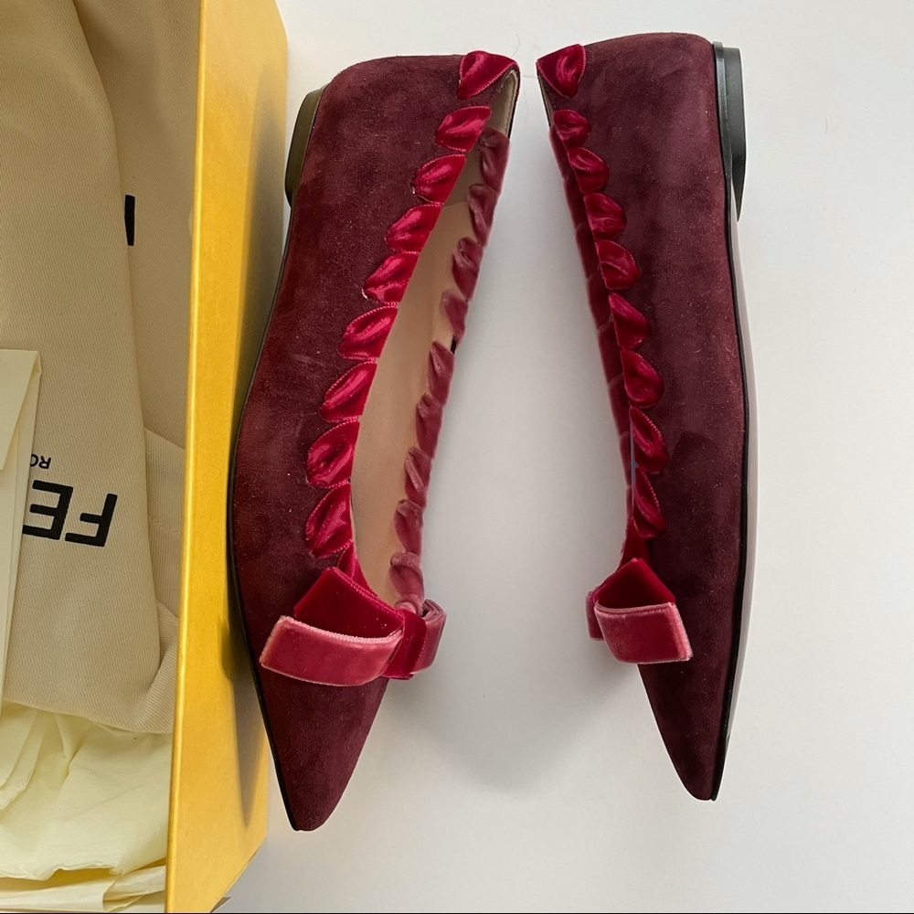 FENDI Velvet-trimmed suede point toe flats 35.5 burgundy wine red ribbon laced - Picture 5 of 7